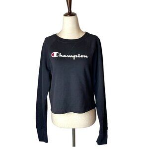 Champion Black Crew Neck Cropped Raw Hem‎ Logo Raglan Sleeve Sweatshirt Size M